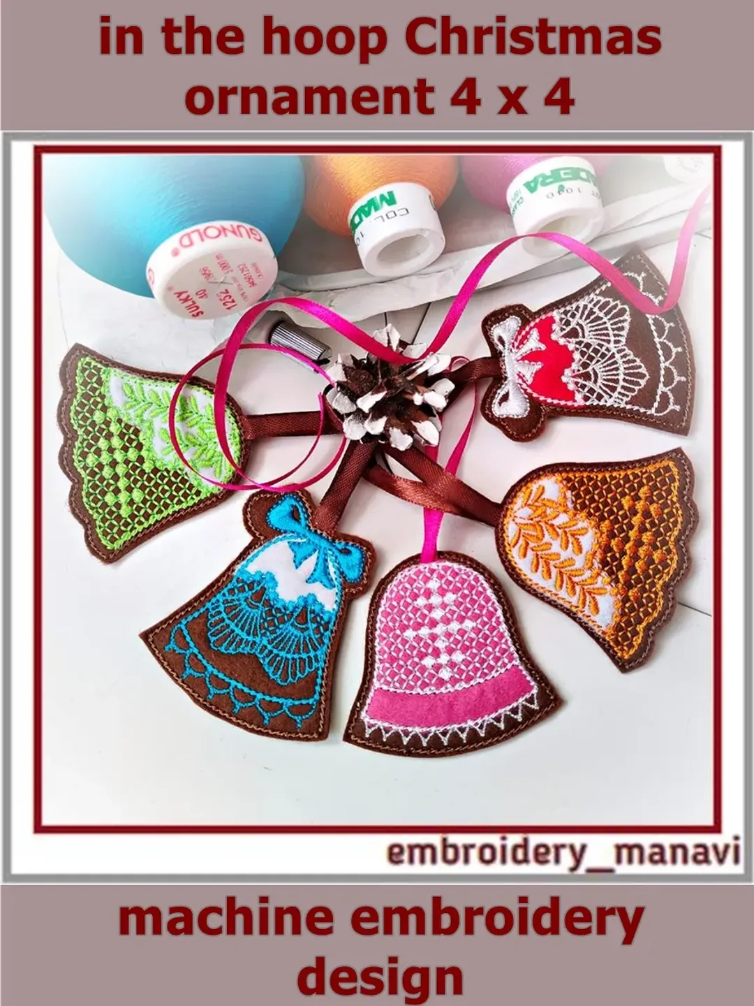 In the hoop set of 3 gingerbread bells embroidery design
