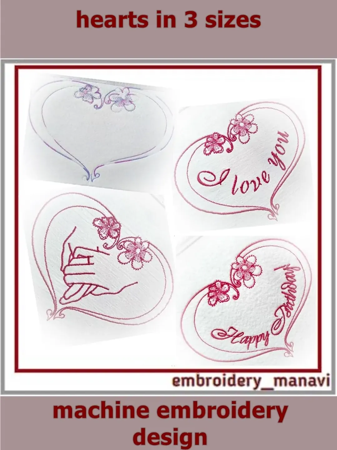 Machine embroidery Set of 4 designs of hearts