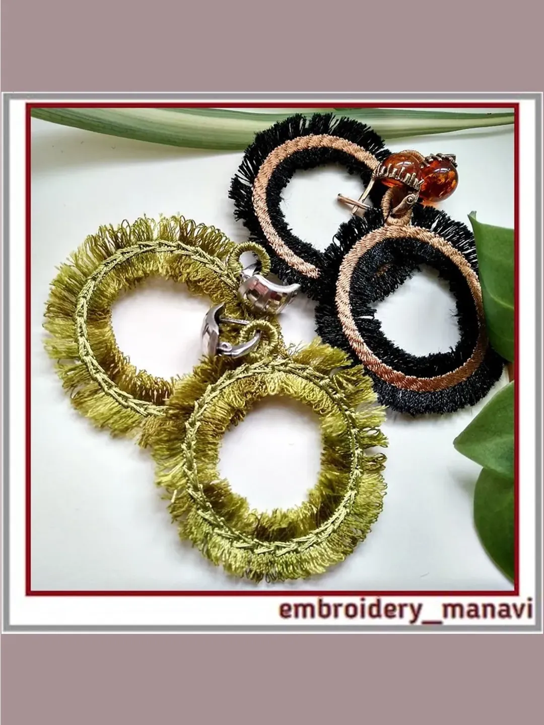In the hoop embroidery design FSL Fringed ring quirky earrings.