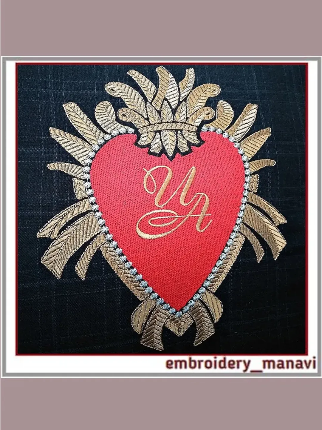 Machine embroidery design heart with crown in fiery frame