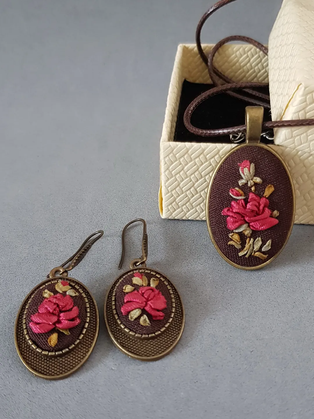 Ribbon embroidered set jewelry for her, 4th wedding anniversary gift, rose embroidery