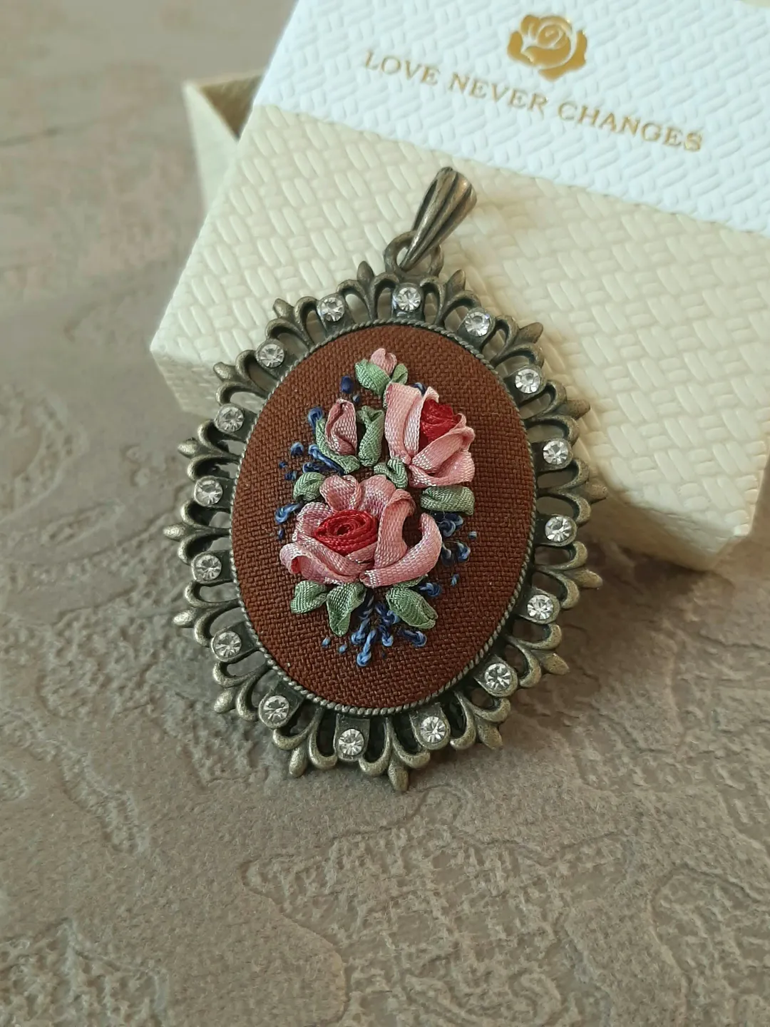 Ribbon embroidered pendant for her,  4th wedding anniversary gift, custom embroidery bouquet