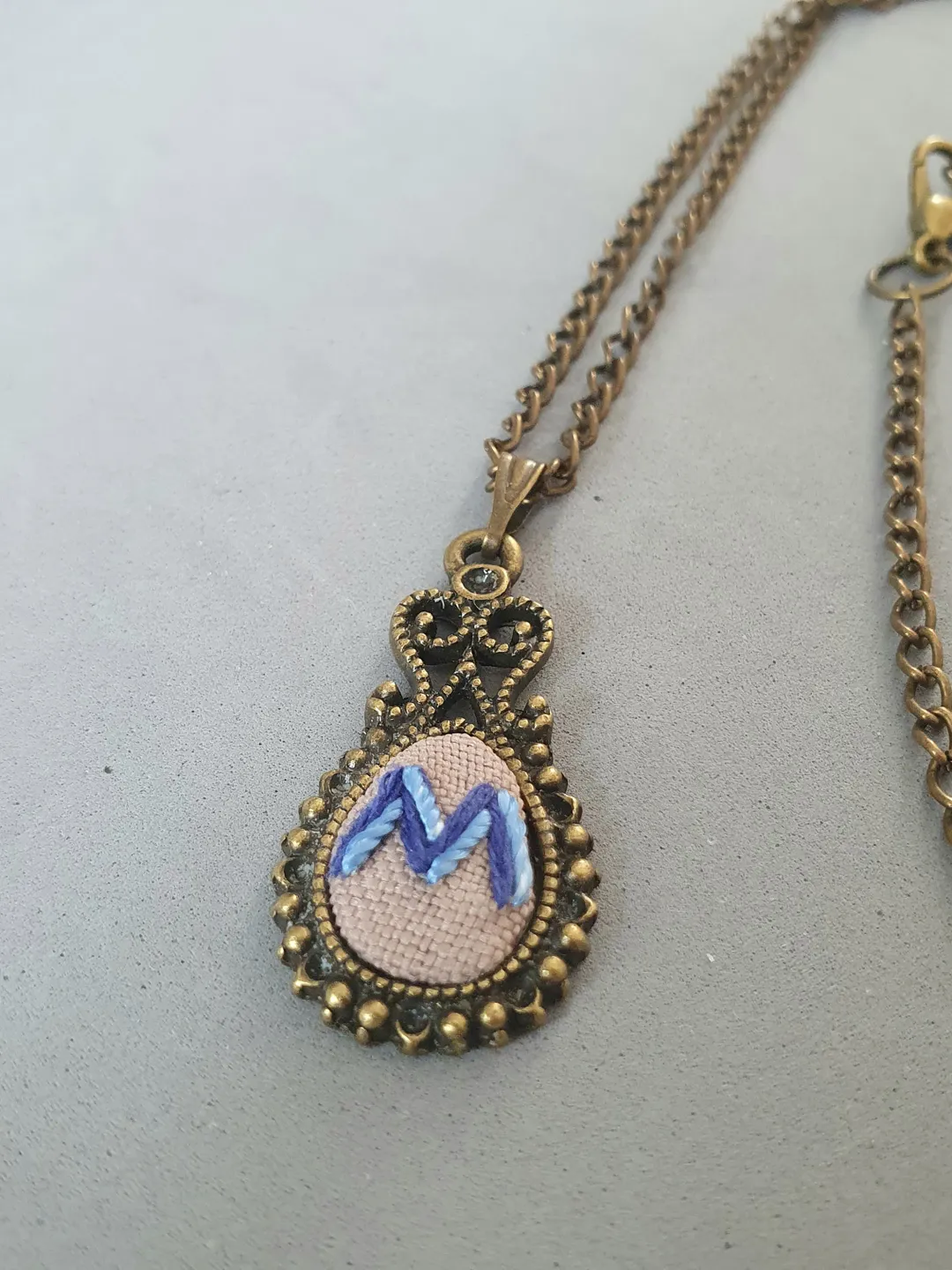 Hand embroidered personalized letter M on pendant, 4th wedding anniversary gift, custom embroidery