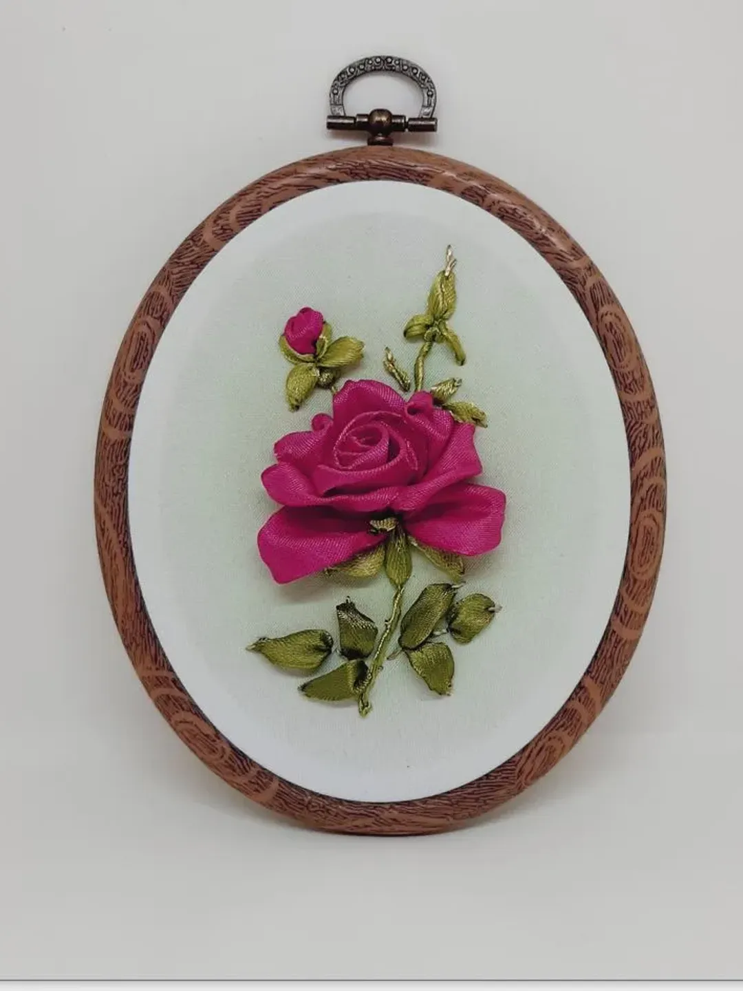 Embroidered picture with rose, ribbon embroidery wall decor