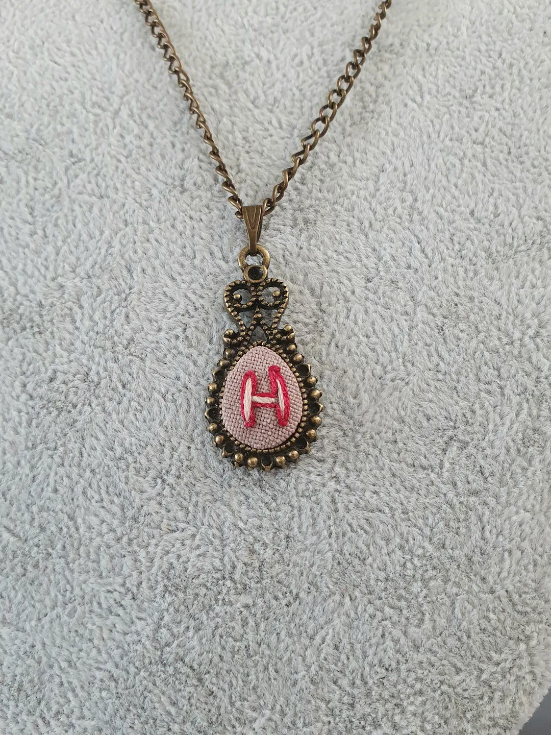 Hand embroidered personalized letter H on pendant, 4th wedding anniversary gift, custom embroidery