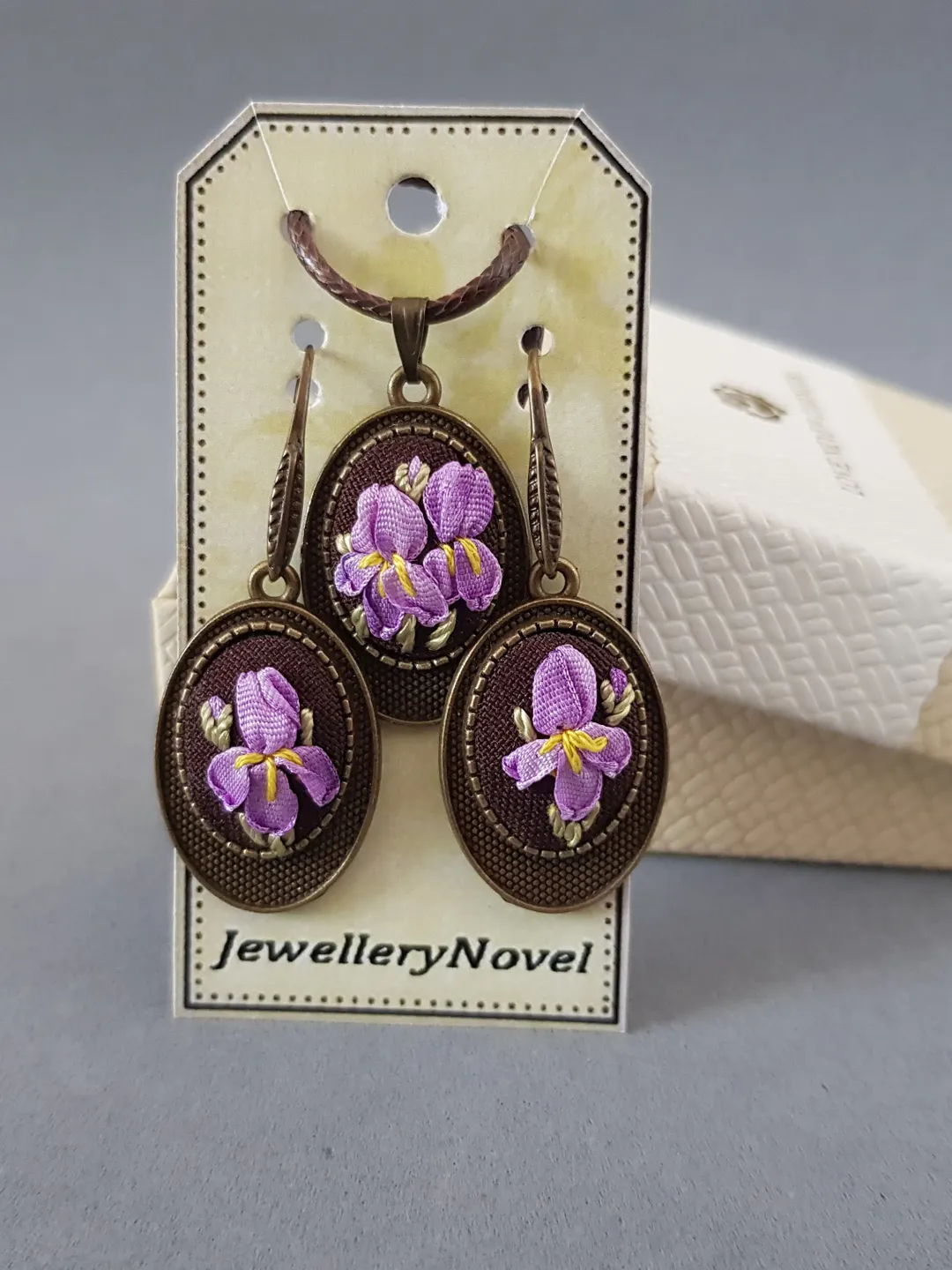 Ribbon embroidered set jewelry for her, 4th wedding anniversary gift, iris embroidery