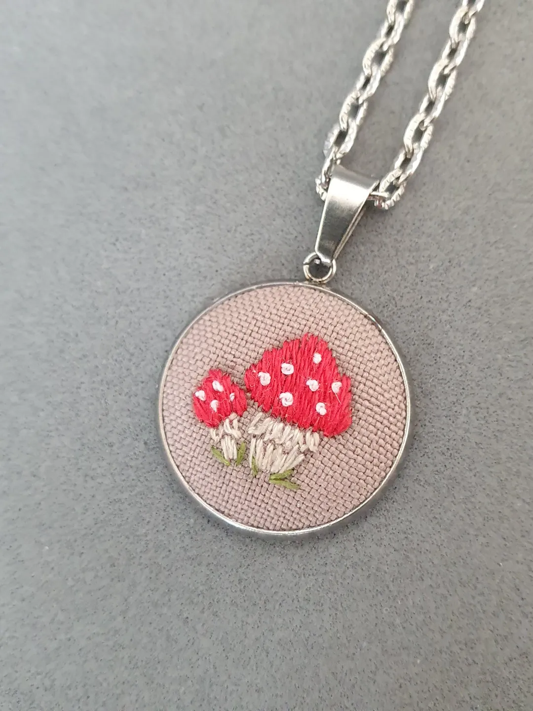 Hand embroidered mushroom on pendant, 4th wedding anniversary gift, custom embroidery bouquet