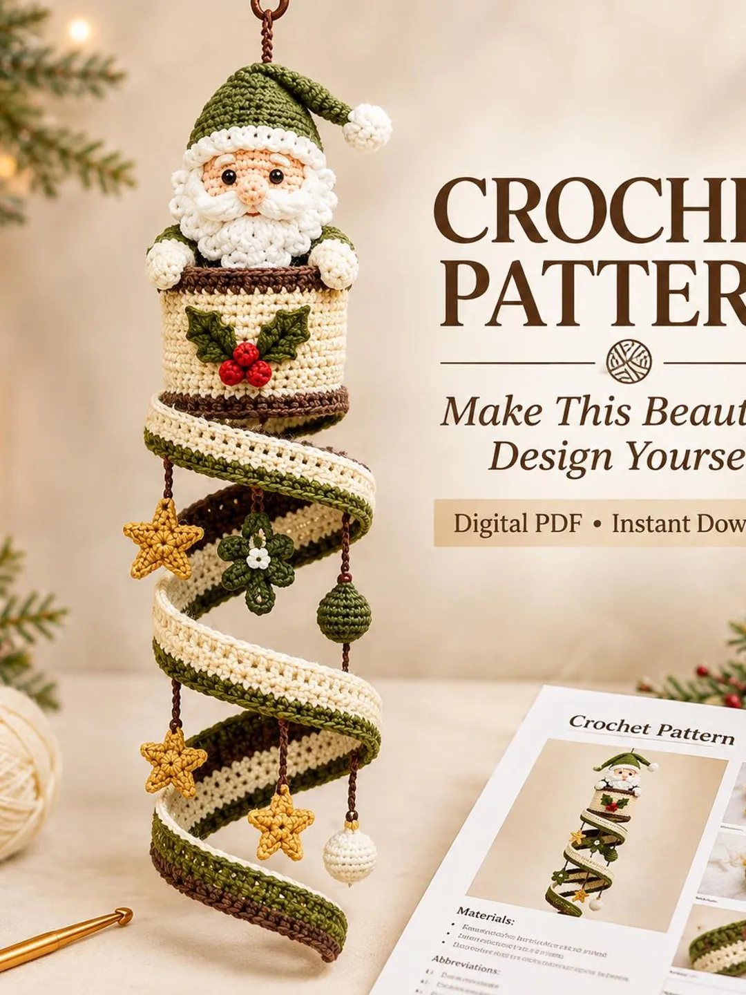 Santa Spiral Christmas Ornament Crochet Pattern, Christmas Tree Decor PDF