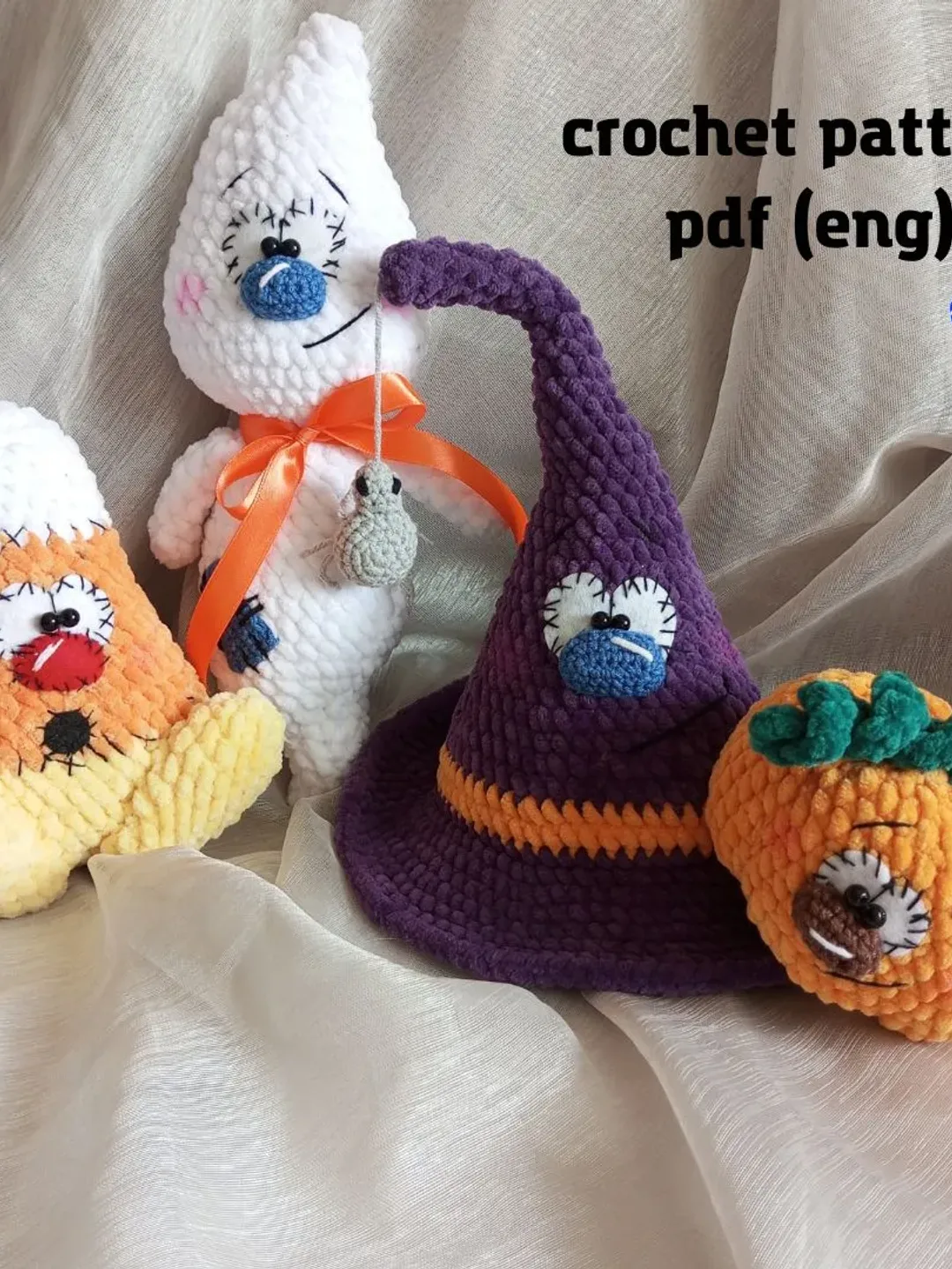 Crochet Halloween Decoration, crochet pattern witch hat, pumpkin, ghost, candy corn