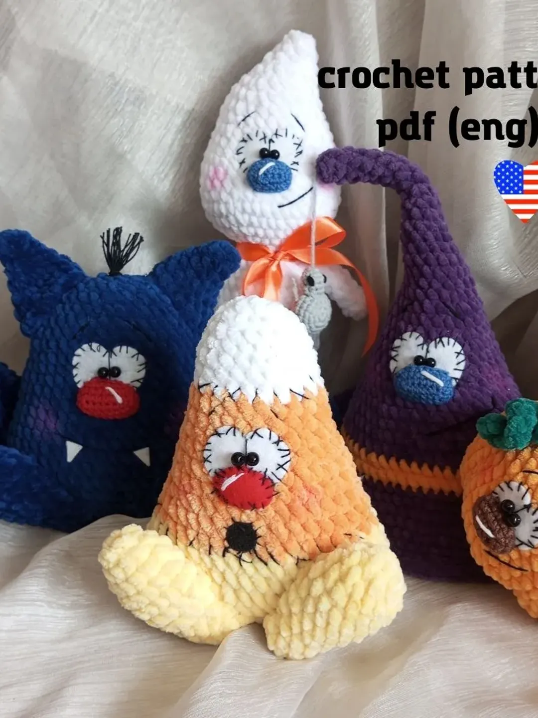 Crochet Halloween Decoration, crochet pattern witch hat, pumpkin, ghost, candy corn and bat