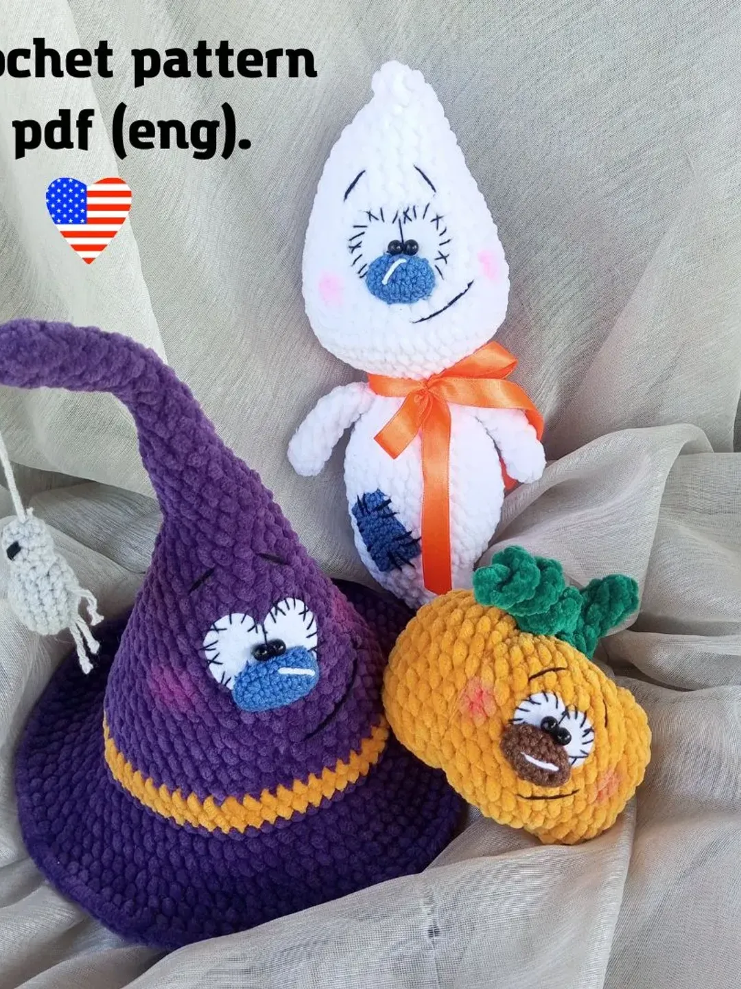 Crochet Halloween Decoration, crochet pattern witch hat, pumpkin, ghost