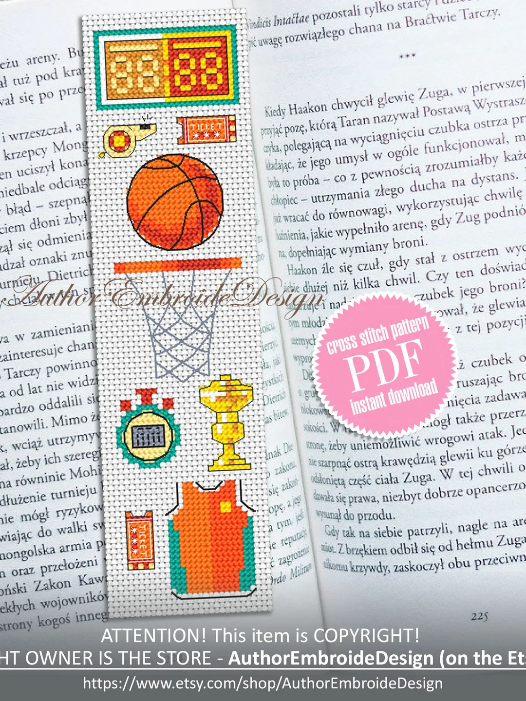 Basketball bookmark cross stitch pattern PDF download Sport cross stitch chart, Modern bookmark pattern digital PDF, Bookmark for men #B310