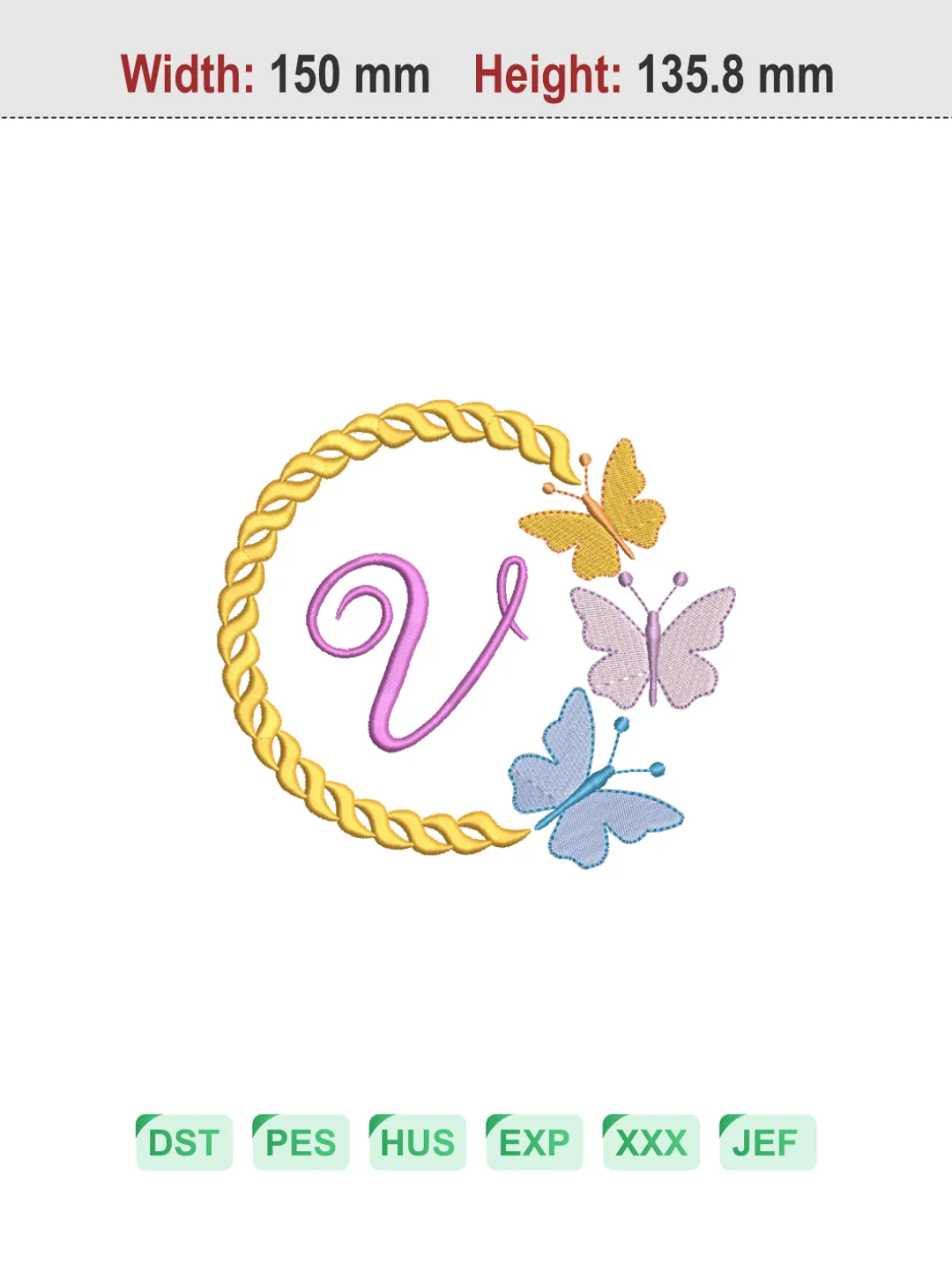 Butterfly Wreath Letter V Machine Embroidery Design