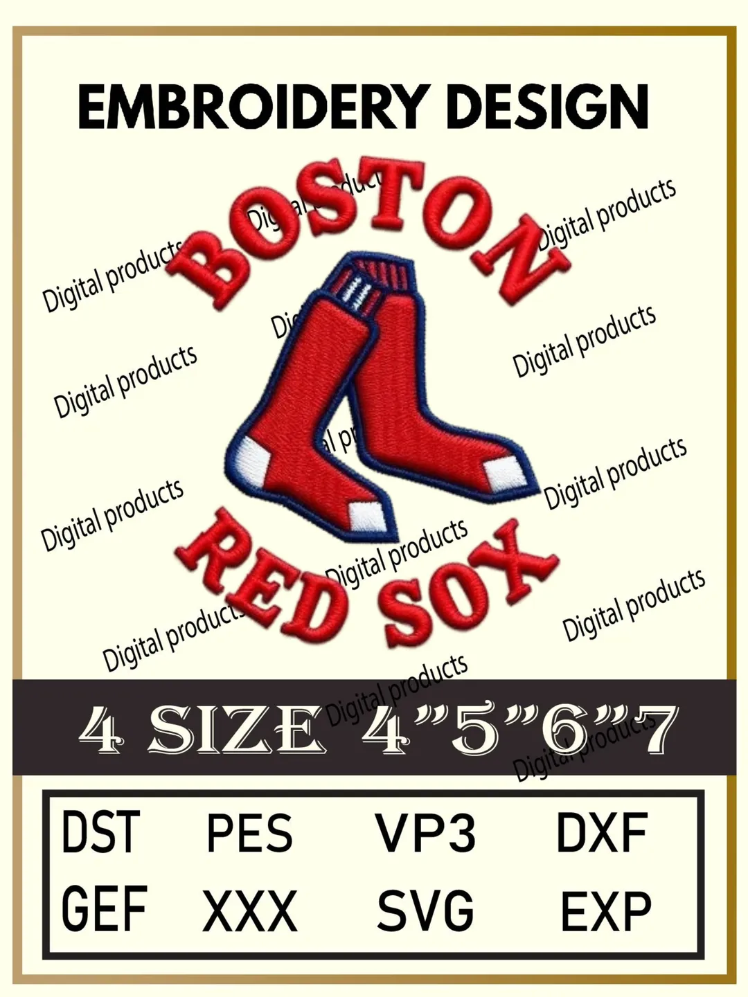 Boston Red Sox Embroidery Design Digital Logo Pattern with Iconic Red Socks and Bold Lettering for Machine Embroidery Projects in Four Sizes with Multiple Compatible Formats Including DST, PES, VP3, DXF, GEF, XXX, SVG, EXP