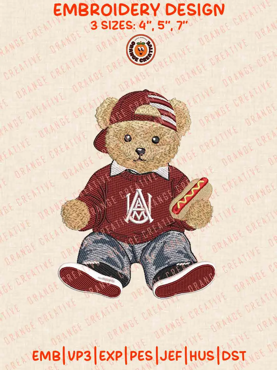 Alabama AM Bulldog Teddy Bear Embroidery Design Files, Football Logos Embroidery Designs, Sport Machine Embroidery Files, 3 Sizes, Custom Sizes, Instant Download