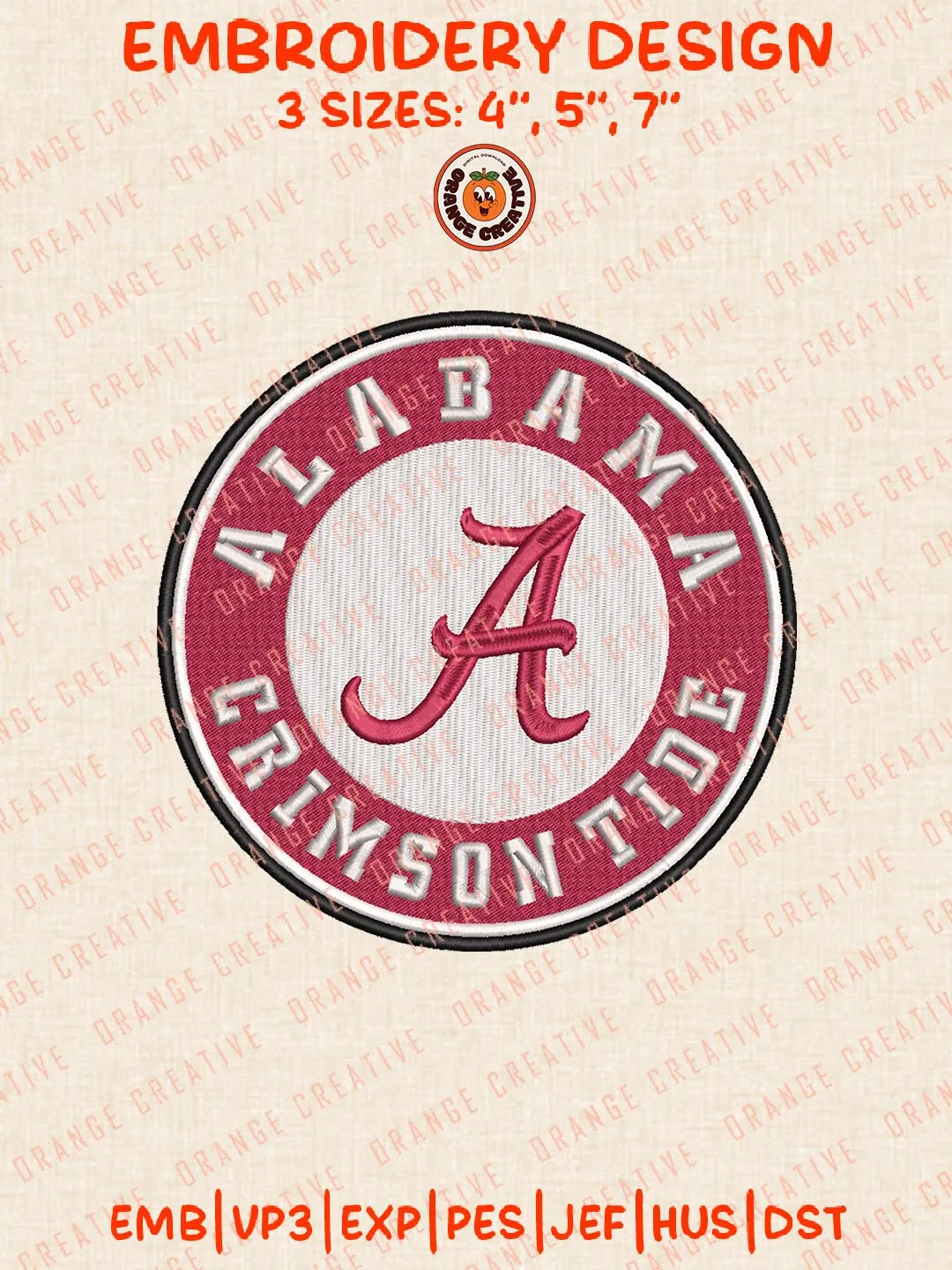 Alabama Crimson Tide Round Logo Embroidery Design, NCAA Team Embroidery Design, Machine Embroidery Design File, 4 Sizes, Custom Size, Digital Download