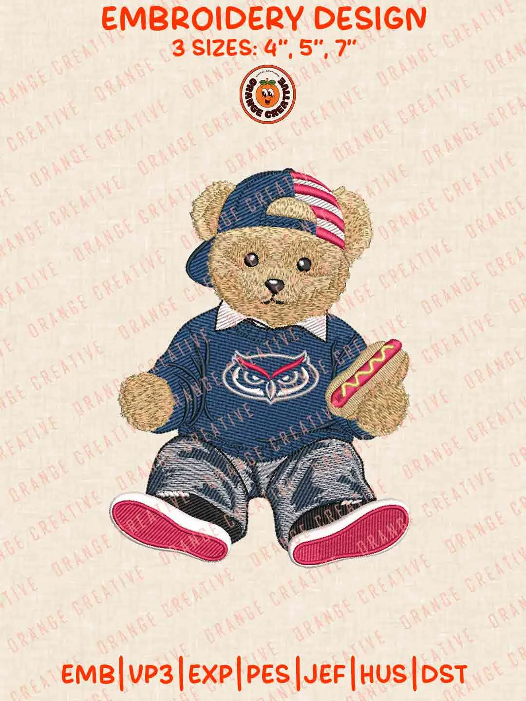 Florida Atlantic Owls Teddy Bear Logo Embroidery Design, NCAA Florida Atlantic Owls Team Machine Embroidery Digitized Pes File, 4 Sizes, Custom Size, Instant Download