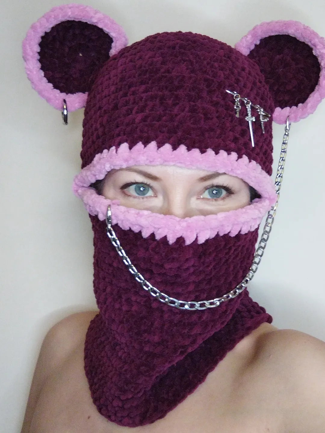 Pastel goth balaclava crochet Fluffy bear balaclava with chain Gothic teens gift Crazy bear full face mask