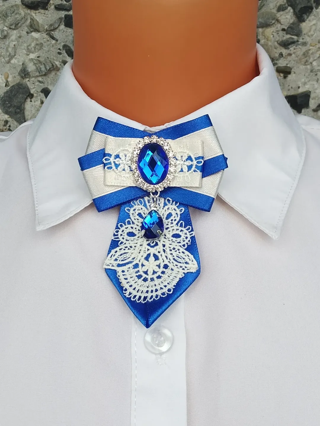 Blue white neck bow for women Collar bow brooch Bow tie pin with blue crystal Vintage style bow brooch tie