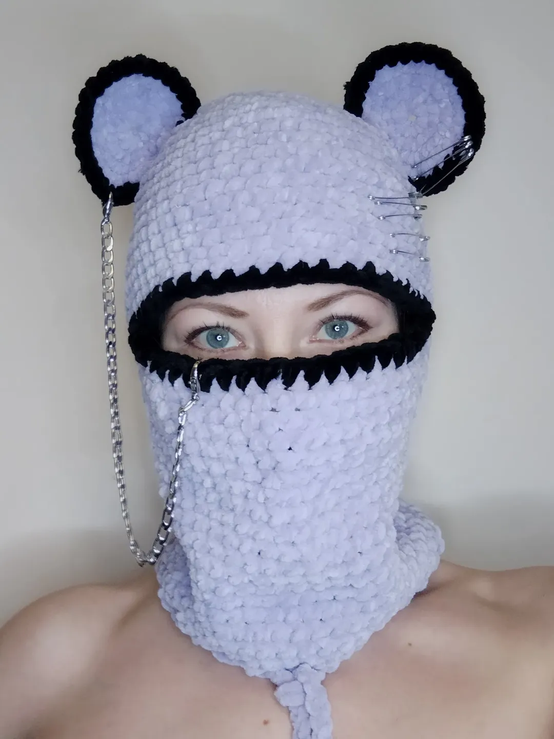 Pastel goth balaclava crochet Fluffy bear balaclava with chain Teens trendy balaclava Crazy bear balaclava hsnd knit