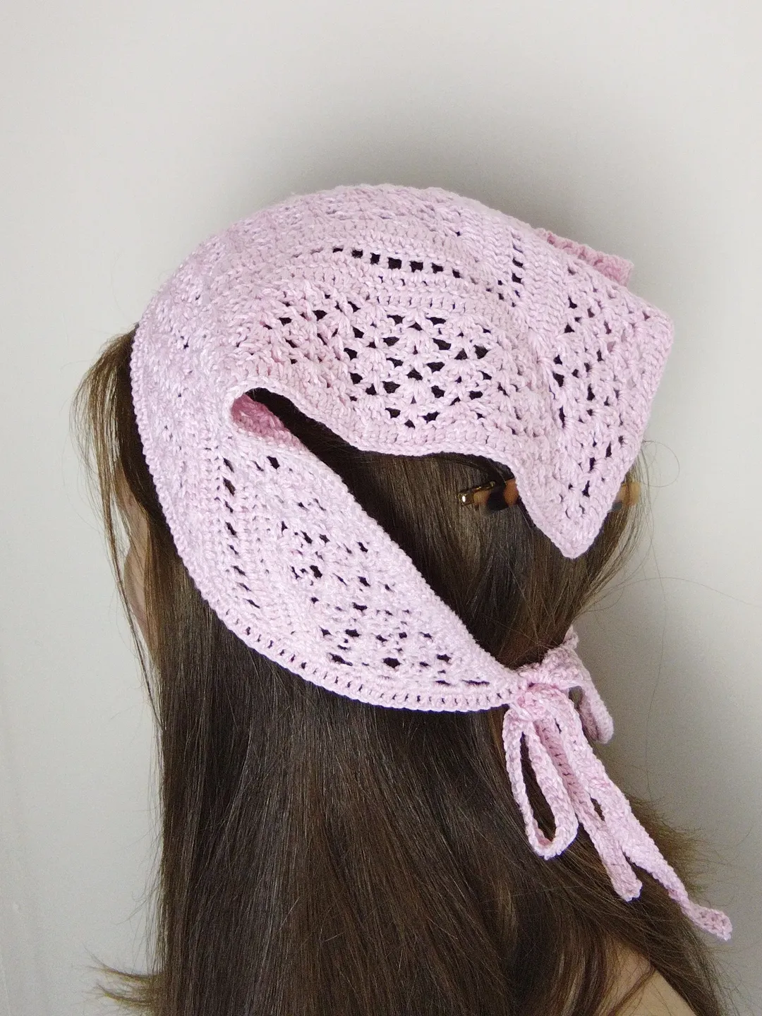 Pink kerchief crochet Summer headscarf for women Handknit 