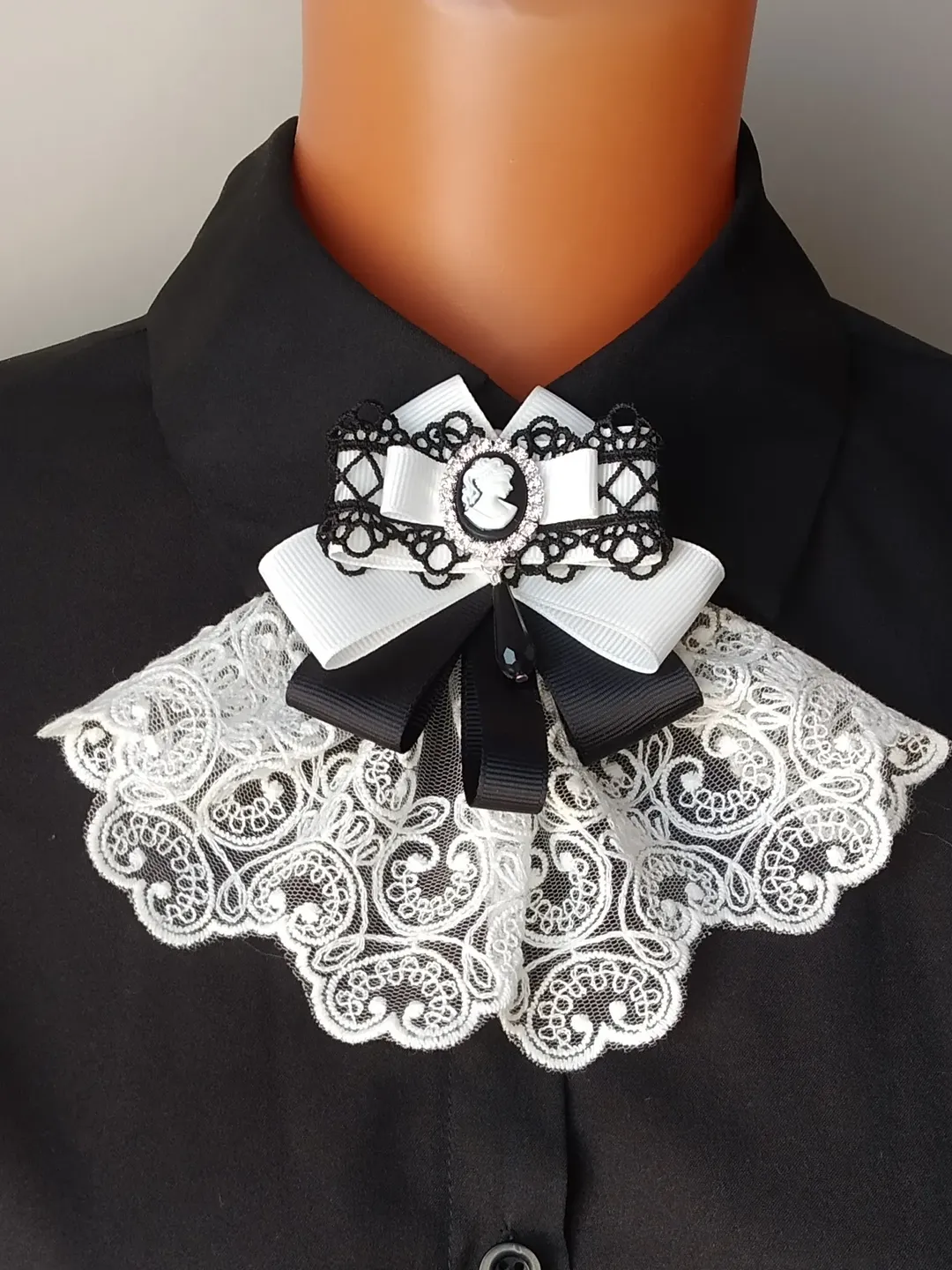 Lace neck brooch black white Bow tie brooch with cameo Victorian goth jabot