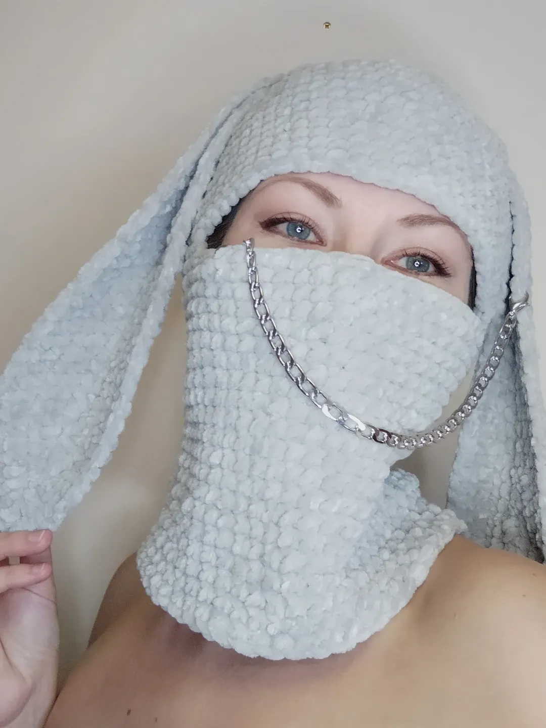 Sexy bunny mask adults Bunny fetish hat Gray bunny balaclava with chain
