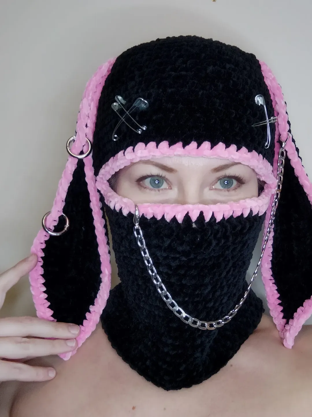 Pink black bunny balaclava Bunny kigurumi hat Sexy balaclava hat Crazy bunny hat crochet Halloween full face cover