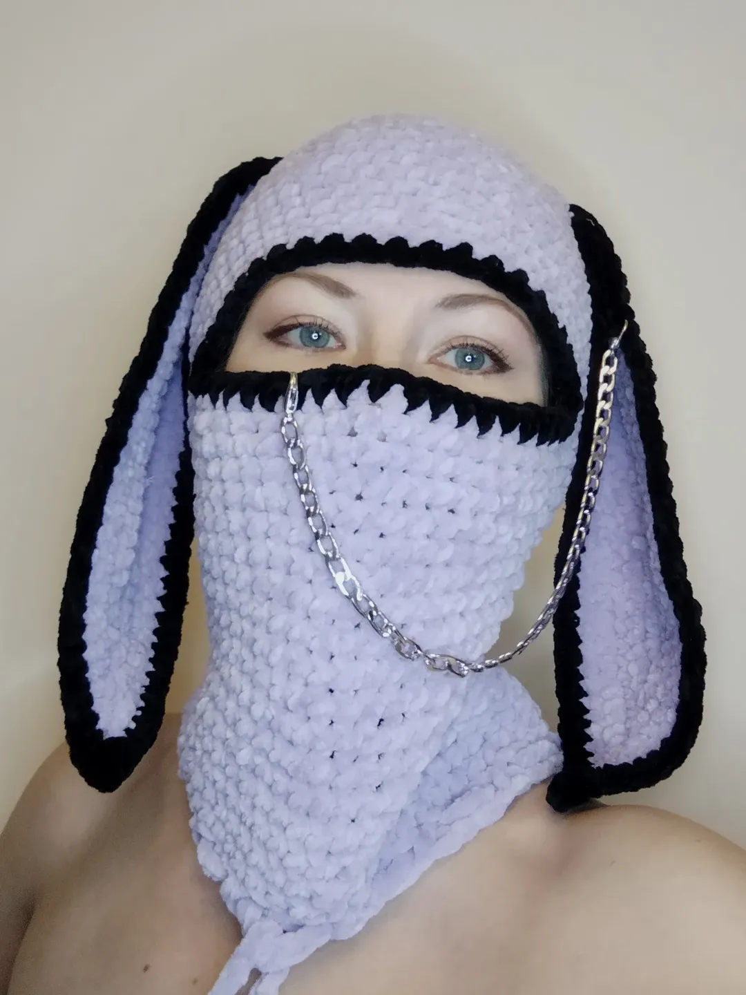 Bunny balaclava with chain Pastel goth hat with bunny ears Velvet balaclava with bunny ears