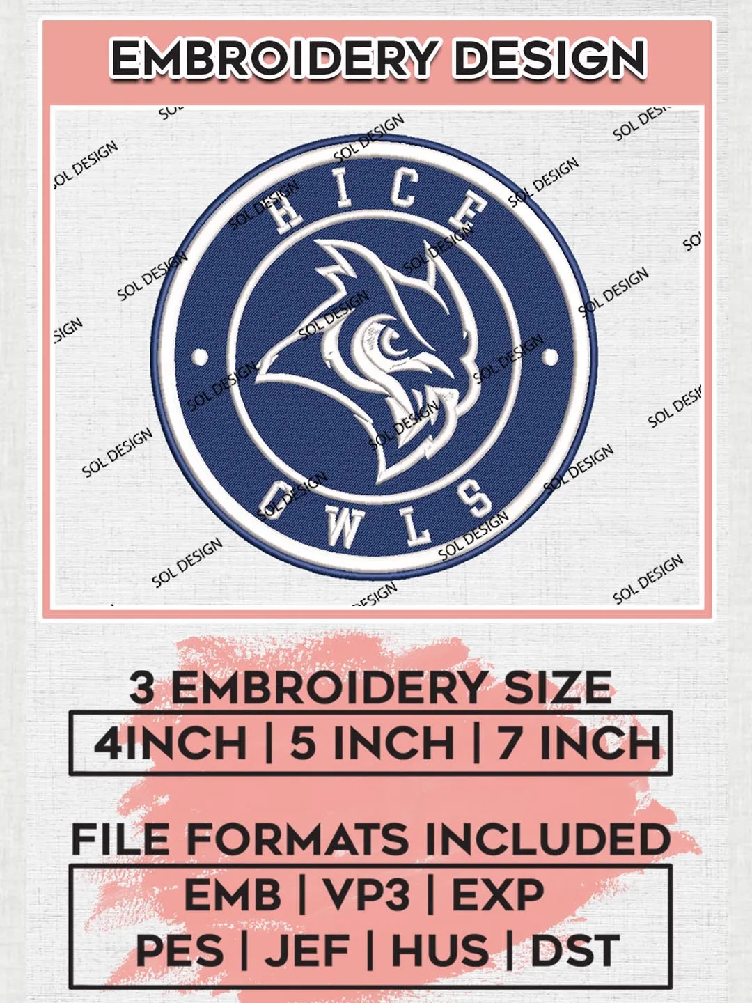 NCAA Rice Owls Round Logo Embroidery, NCAA Rice Owls Logo Embroidery files, NCAA Teams, Machine embroidery designs, Digital Download