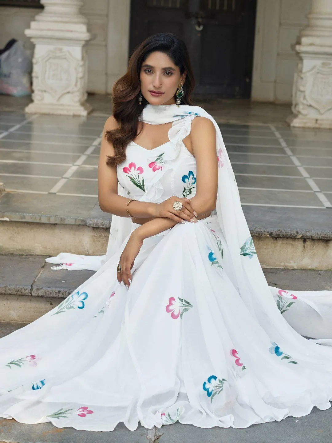 Floral Georgette Lehenga Set with Dupatta Indian Wedding Outfit Hand Painted Ethnic Party Wear Lehenga Choli for Women