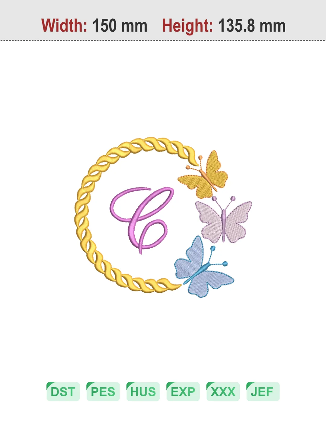 Butterfly Wreath Letter C Machine Embroidery Design