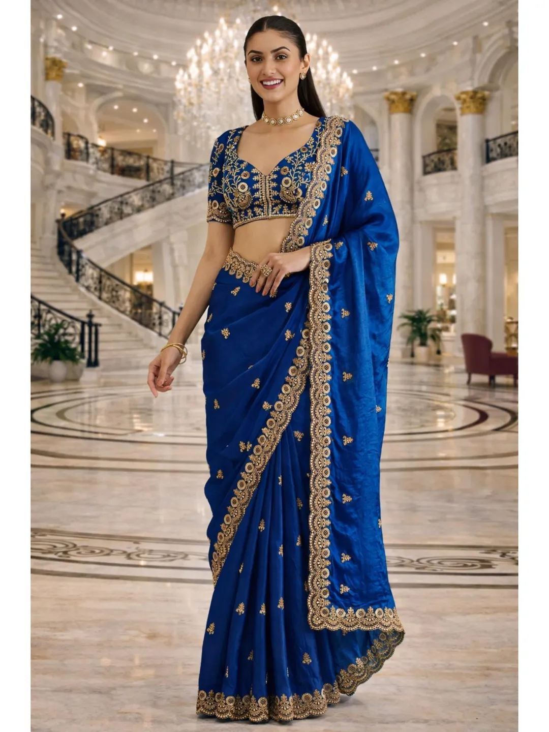 Royal Blue Sequin Ready To Wear Saree For Women: Tissue Embroidery, Indian Wedding Wear
