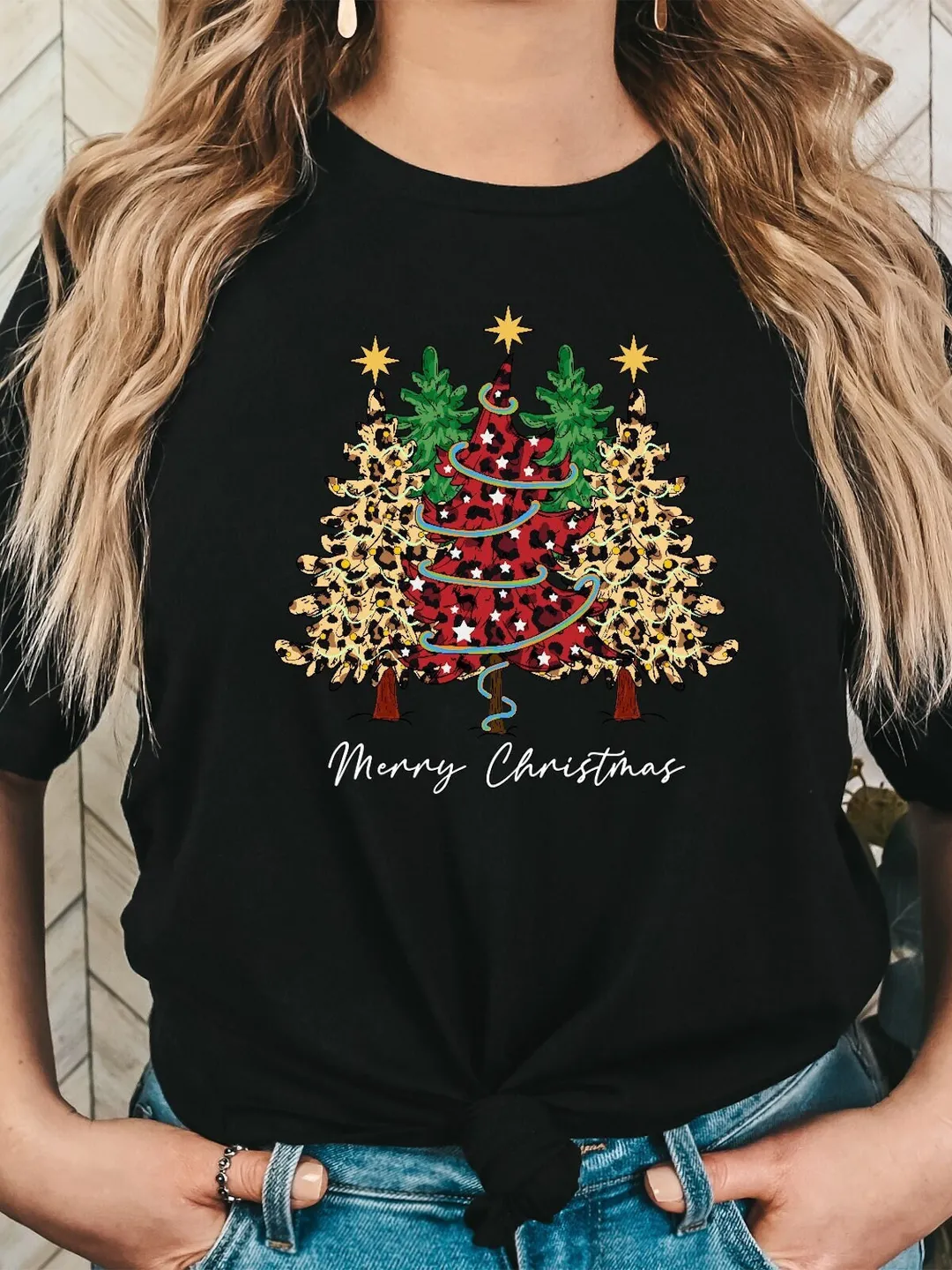 Christmas Shirt, Leopard and Buffalo Plaid Patterns, Soft Cotton Tee