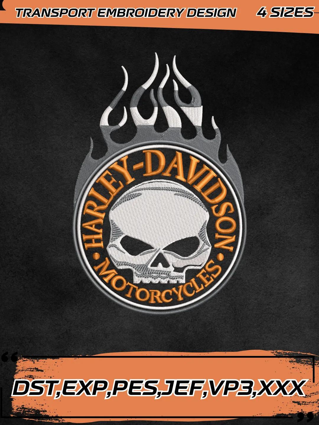 Harley-Davidson Willie G Skull Flames Embroidery Design,Transport Embroidery File,4 Sizes, Digital Download
