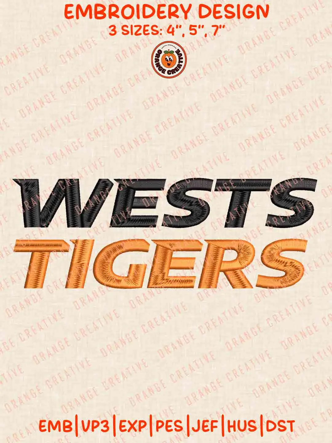 NRL Wests Tigers Text Logos Embroidery Design, NRL Team Machine Embroidery Digitized Pes File, 4 Sizes, Custom Size, Instant Download