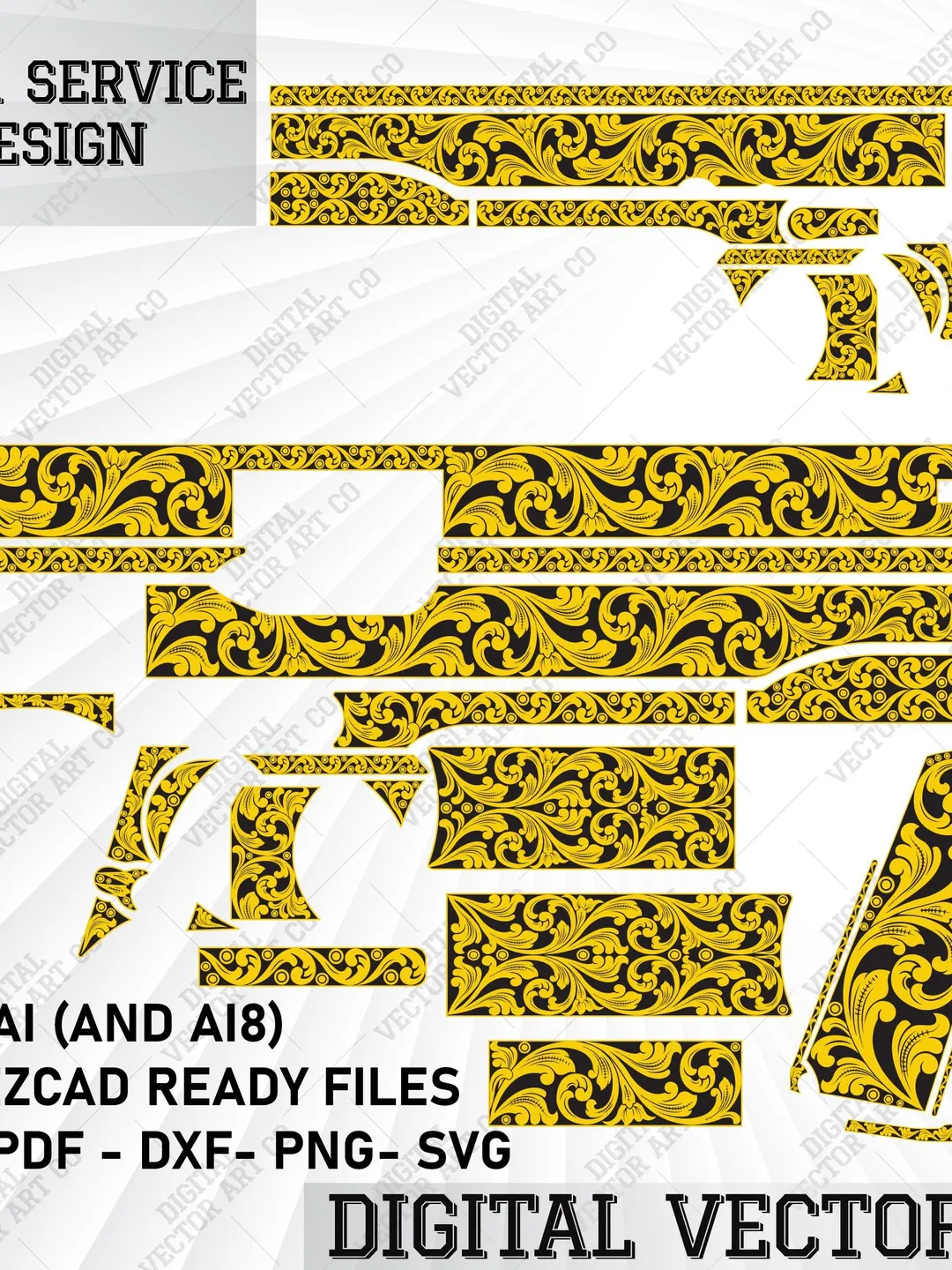 Filigree Vector Gun Pattern High power Browning Ornamental Scroll design for laser engraving