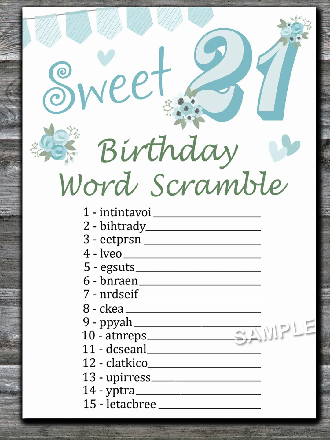 Sweet 21st Birthday Word Scramble Game,Adult Birthday party game printable-fun games for her-Instant download