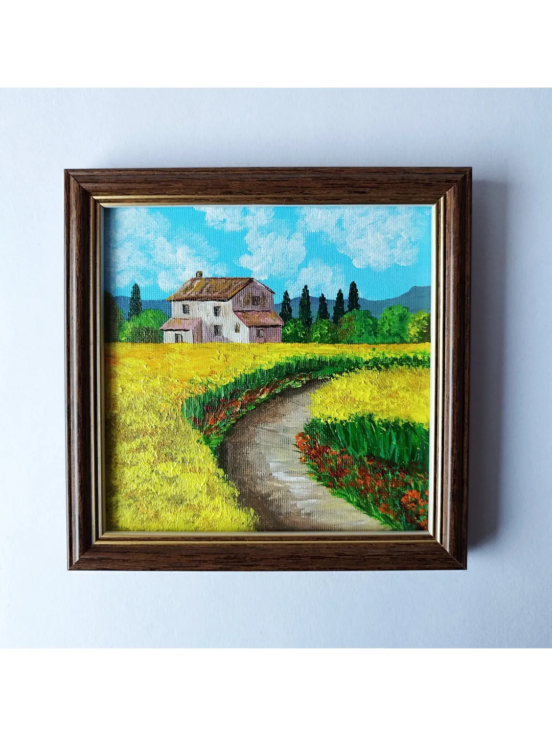Italy landscape painting, Wildflowers acrylic painting, Impasto landscape painting, Rustic floral wall art, Framed art
