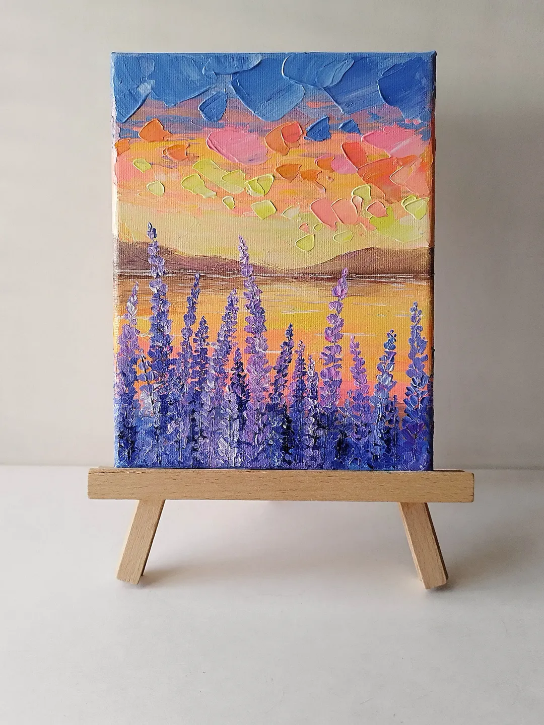 Bright Acrylic Painting of a Sunset on the Lake Landscape Art