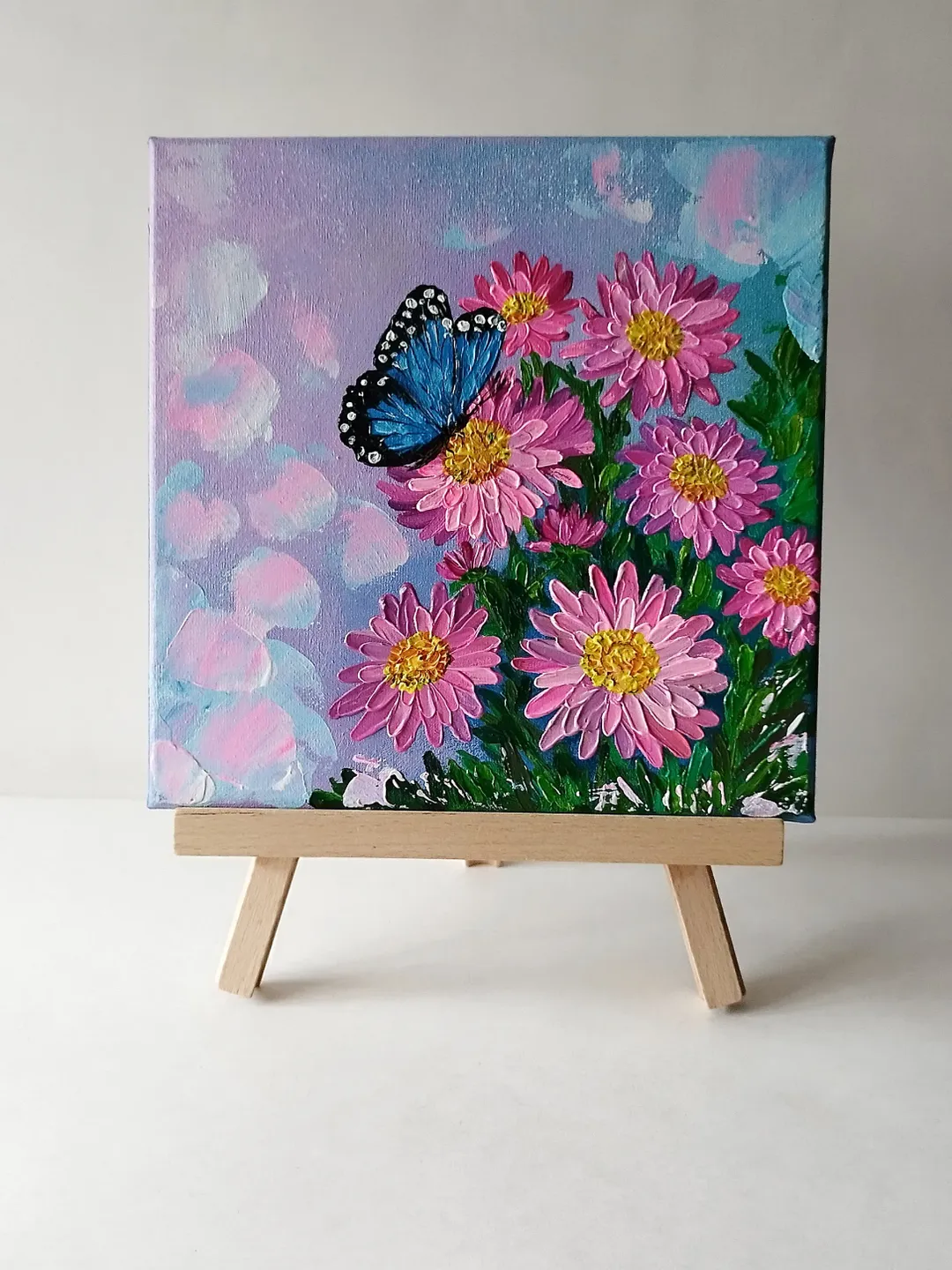 Pink aster flowers bright floral wall art butterfly painting, image size:1080x1440