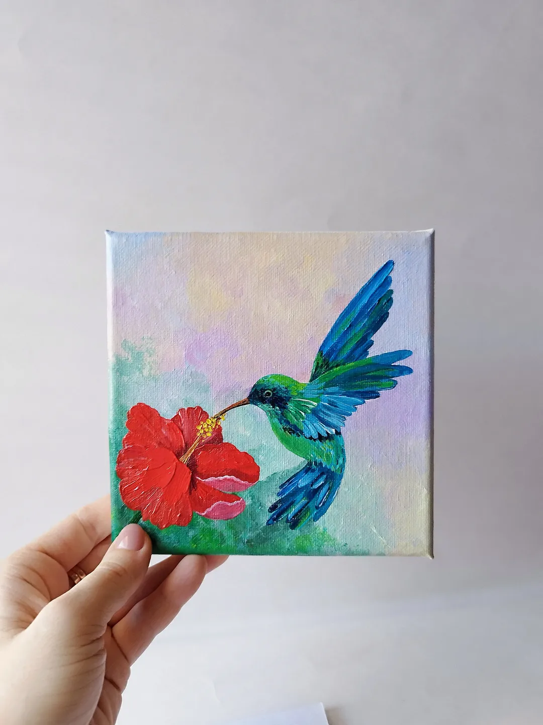 Blue bird wall art, Hummingbird canvas painting, Little bird painting, Small wall art canvas, Impasto paintings for sale