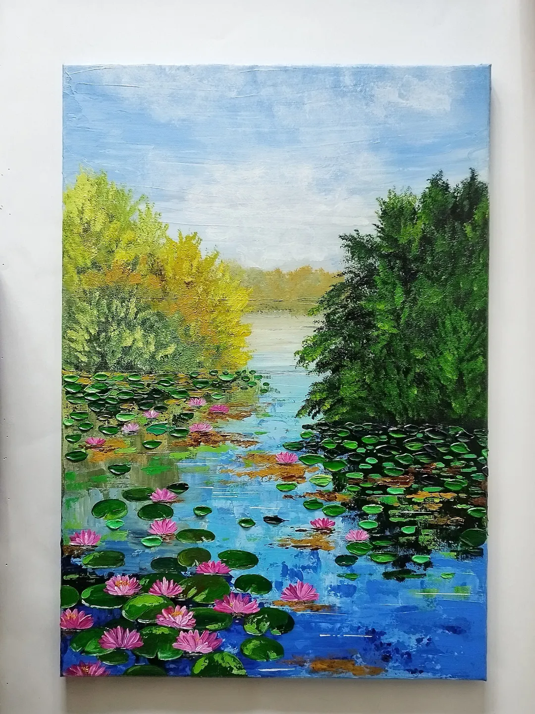 Water lily original painting Lotuses on the pond landscape art wall decor