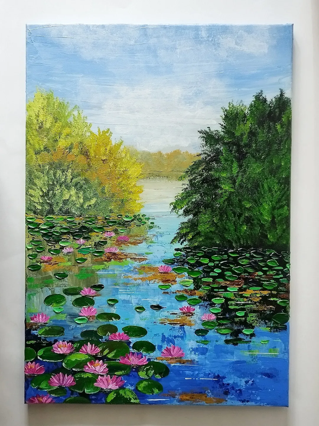 Water lily original painting Lotuses on the pond landscape art wall decor