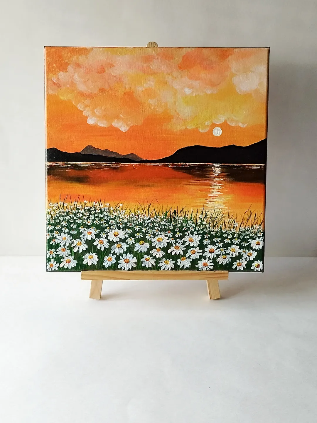 Lake sunset painting, Daisies painting, Sunset landscape acrylic painting, Canvas sunset painting, Painting impasto