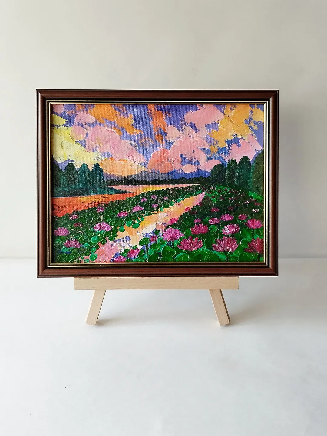 River sunset landscape, Painted landscape, Impasto art, Sunset painting landscape, Water lily flower painting acrylic