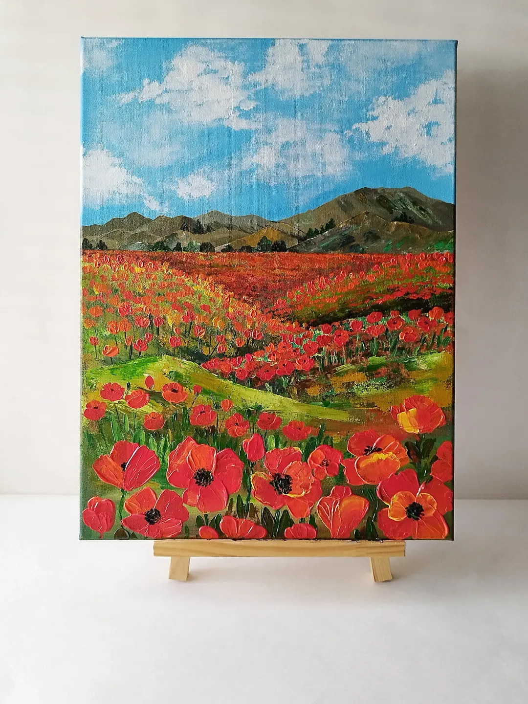 Landscape original painting, Field poppies painting on canvas, Red poppies impasto painting, Flowers textured painting