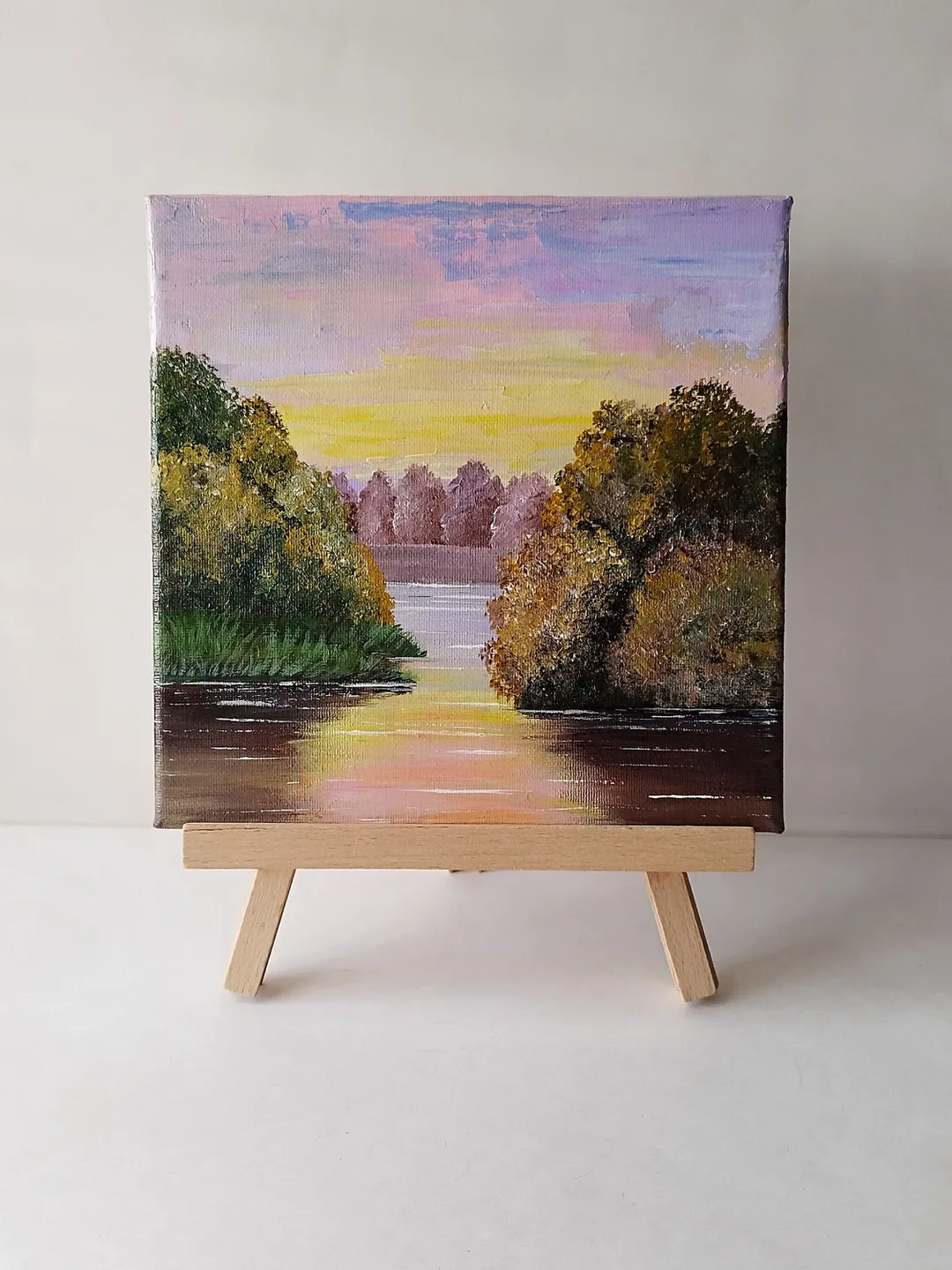 Acrylic Painting of Sunset Lake: Authentic Landscape Art
