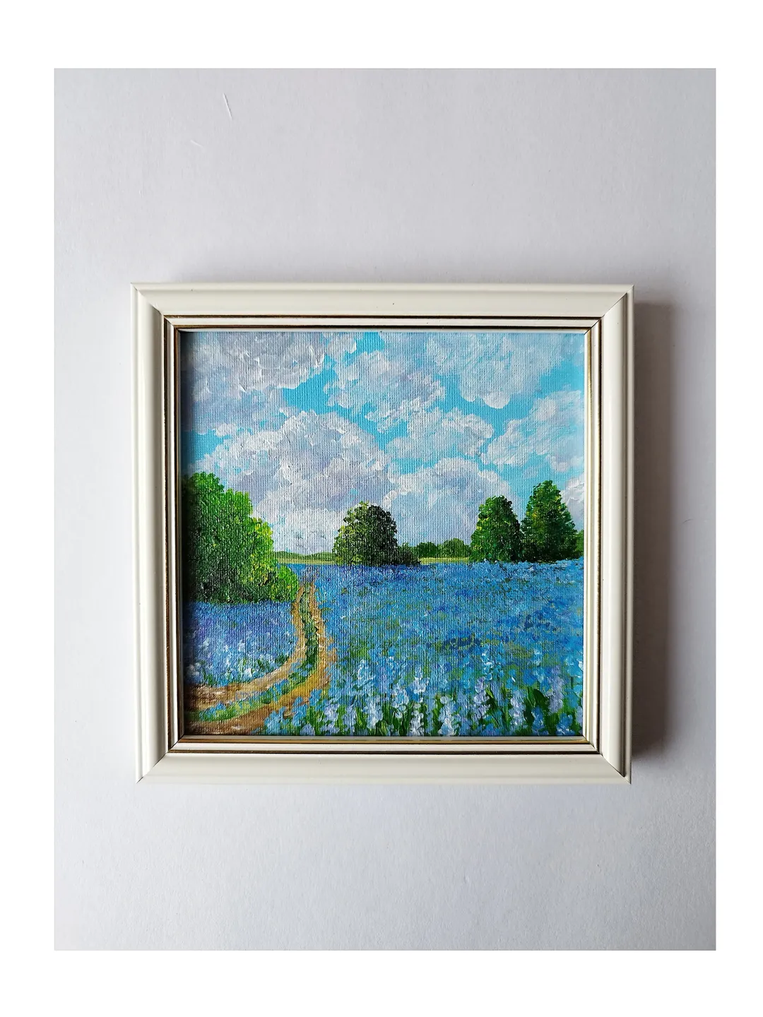 Landscape original painting, Field of flowers impasto painting, Floral wall decor, Blue artwork