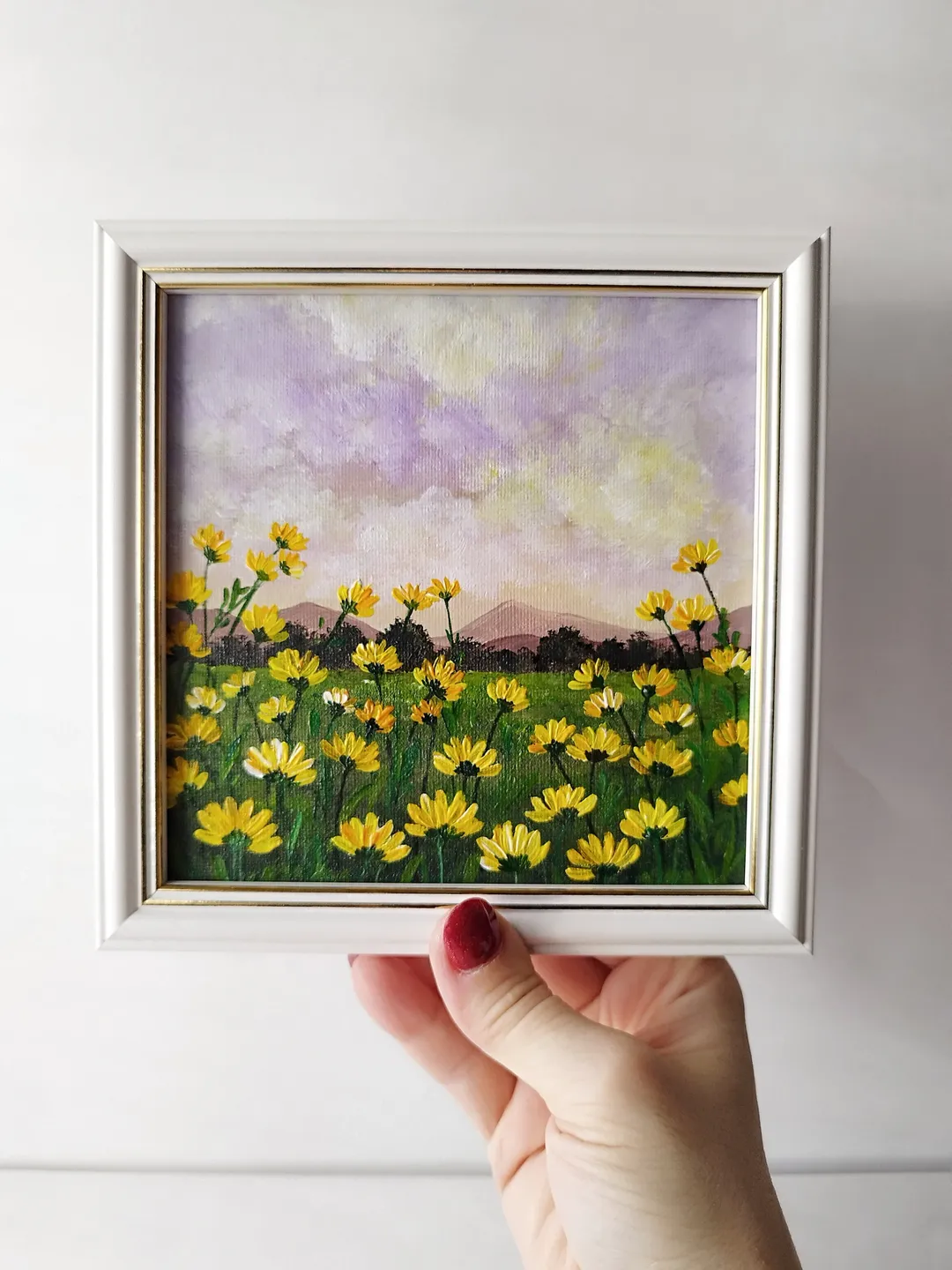 Acrylic Painting of a Landscape Sunset Field of Yellow Daisies